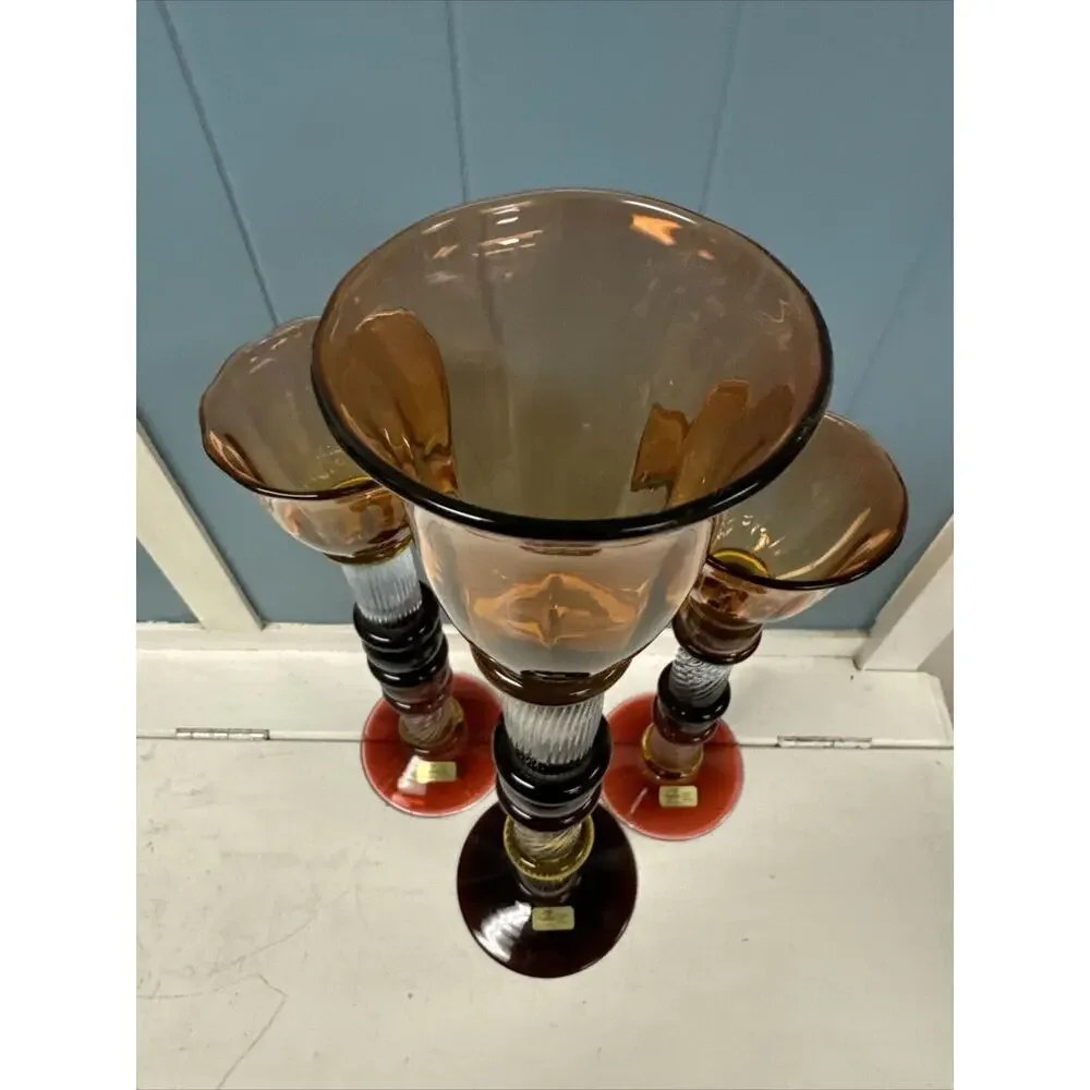 Set Of 3 Signed Czech Glass Z Fusion Art Glass Candlesticks Hand Blown‎ Helix